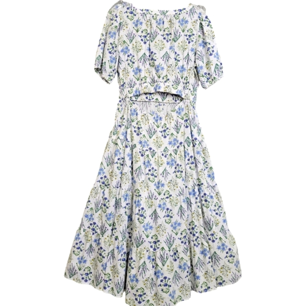 Nwot LOFT  White /Blue/Lavender Floral Puffed Sleeve Back Cutout Tier Midi Dress - Picture 9 of 16